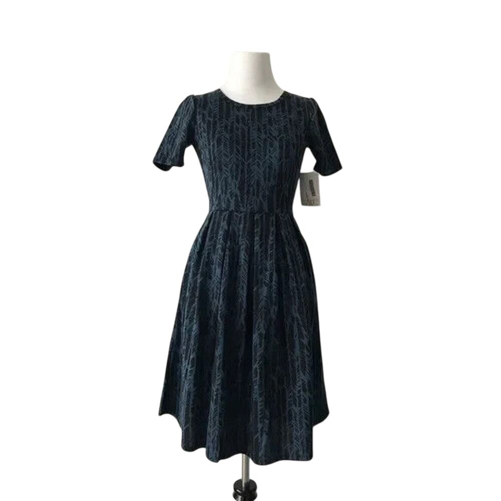 NWT Lularoe Amelia XS blue feathers fit & flare dress pockets NEW